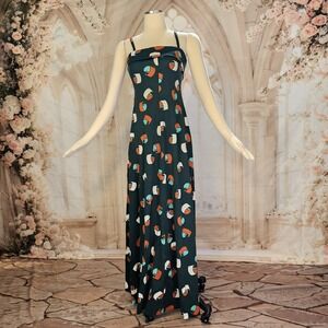 Vintage 1970s Dress Sundress Maxi Floor Length Spaghetti Strap Green Abstract